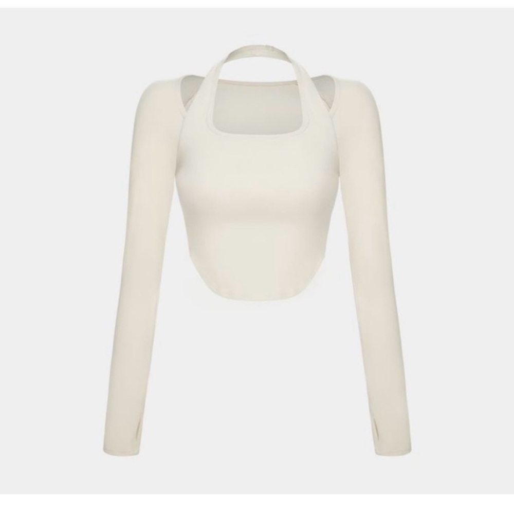 Halara Halter Thumb Hole Asymmetric Hem Cropped Yoga Sports Top Cream Color